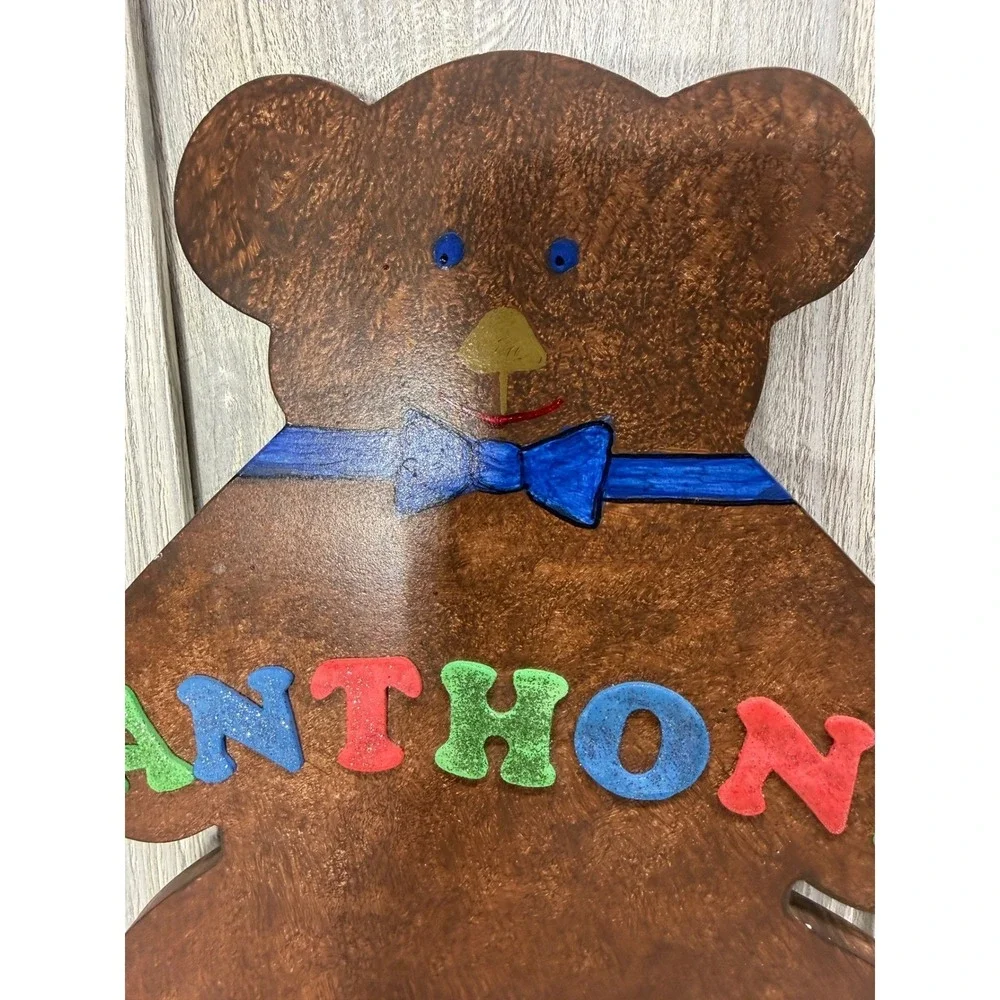 Vintage Hand Painted Wooden Teddy Bear Anthony Name Wall Plaque Hook Decor